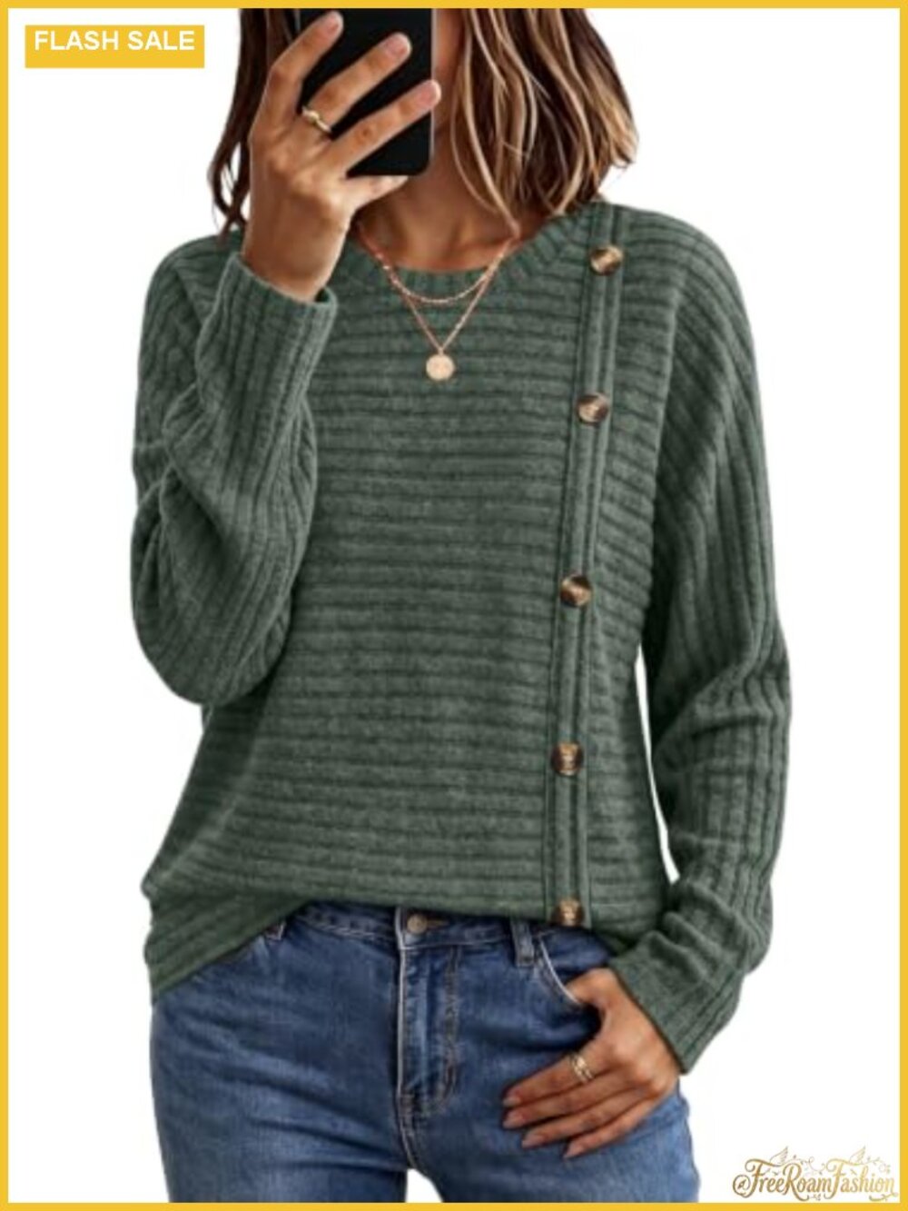 Womens Soft Textured Tunic Sweater Long Sleeve Crew Neck Button Detail Top